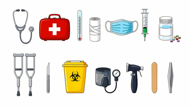 Medical equipment icons set on white background. Includes first aid kit, stethoscope, syringe, and mask. Healthcare concept for clinic marketing and medical education.