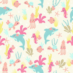 Obraz premium Cute cartoon sea creatures and plants with soft pastel colors on a light background creating a playful ocean scene