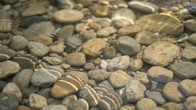Clear water flowing over river stones with sunlight reflections. Ideal for travel blogs, environmental articles, nature websites.