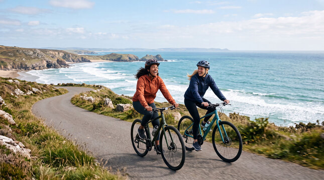 Friends cycling along a coastal path