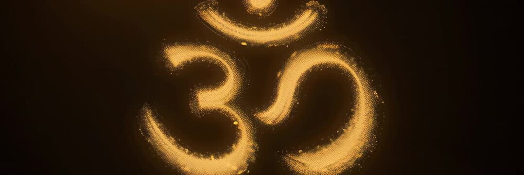 Golden Om symbol appearing from sparkling particles, spiritual awakening concept for meditation website banner with copy space