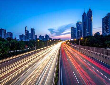 Long exposure shot of busy highway leading into a city skyline at dusk