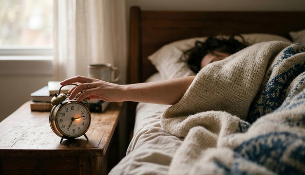 A person still wrapped in blankets in bed reached out to turn off the classic alarm clock on the bedside table.