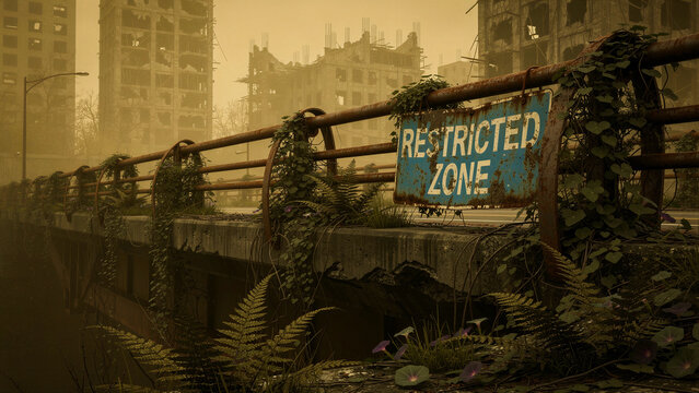 Restricted zone sign on a rusty bridge in a ruined city. Overgrown vines cover the decaying urban architecture during a foggy morning. Post-apocalyptic dystopia and environmental collapse concept.