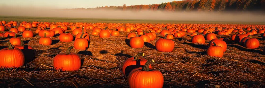 Sunlit pumpkin field filled with autumn harvest, seasonal abundance concept for harvest website banner