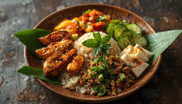 Grilled chicken breast strips served with brown rice and fresh vegetables in a rustic wooden bowl on dark textured surface
