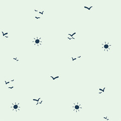 Fototapeta premium Small birds flying with sun icons on a light blue background a simple pattern