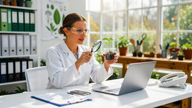 Female scientist examining a green sprout with a magnifying glass at a desk. Professional biologist conducting plant research using a laptop in a bright laboratory. Botany research and biotechnology.