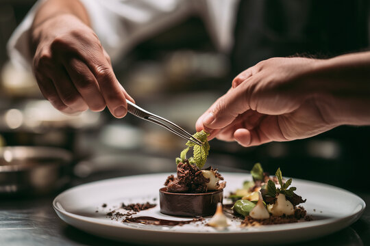 Pastry chef's hands plating an elegant dessert with delicate garnish
