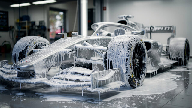 Formula 1 race car covered in white cleaning foam in a garage. Professional detailing on a high-performance silver motorsport vehicle. Luxury car care concept for racing prep and marketing.