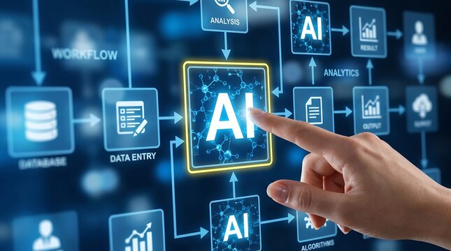 Hand selects a glowing artificial intelligence block within a digital workflow flowchart