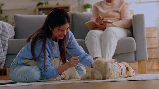 Woman with dog in living room by couch pet home happy animal therapy bonding, smiling touching small dog while person reads book nearby in cozy calm interior