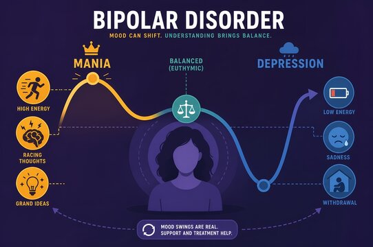 Bipolar disorder medical infographic illustration of mania depression cycle and euthymic balance