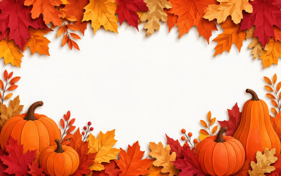 Autumn leaves and pumpkins border frame with space text on transparent background. Seasonal floral maple oak tree orange leaves with gourds for thanksgiving holiday, harvest decoration vector design.