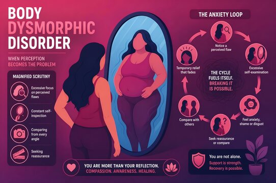 Body dysmorphic disorder infographic illustration of mirror anxiety loop and distorted self perception