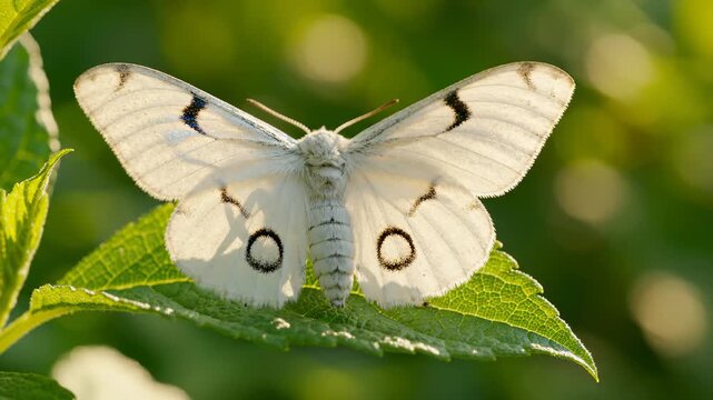 Beautiful White Moth With Black Eye Spots Resting on a Green Leaf in Sunlight