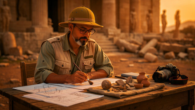 Archaeologist brushing site map at ancient ruins. Researcher examining artifacts and pottery during golden hour. Discovery concept for history and science education.