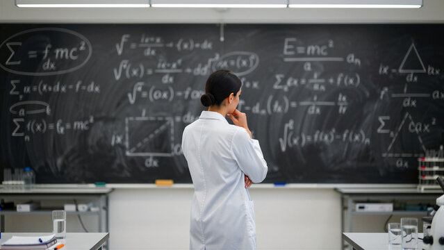 Scientist in white coat studying complex math on a blackboard. Researcher analyzing formulas in a lab or classroom. STEM education and problem-solving concept, useful for science and academic media.