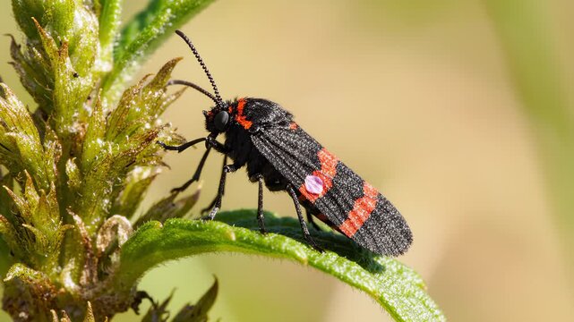Macro Close Up of a Cistus Forester Moth Resting on a Green Leaf in Nature