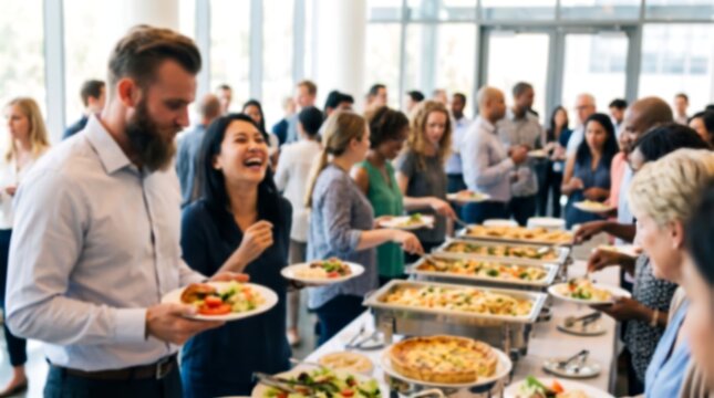 Diverse group of colleagues enjoying buffet lunch at company event with happy people holding plates and selecting food from catering station in bright office cafeteria or banquet hall