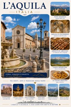 L'aquila italy travel destination poster presenting culture and cuisine