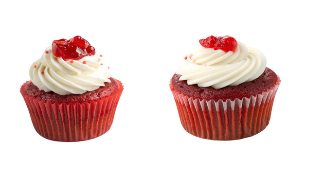 Red Velvet Cupcakes with Cream Cheese Frosting and Berry Jam Stock Photo