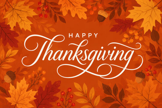 Happy Thanksgiving banner, card with autumn leaves background, vector, fall leaf, clipart & happy Thanksgiving calligraphy, lettering, text, words, typography, type for social media, business, ads, US