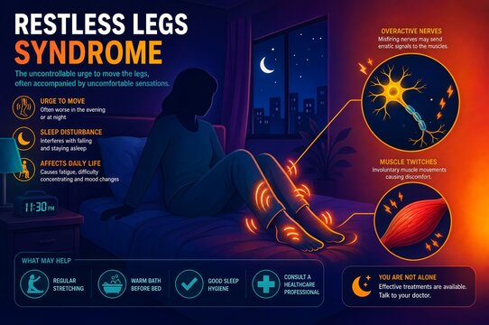 Restless legs syndrome infographic illustration of neurological sleep disturbance and overactive nerves