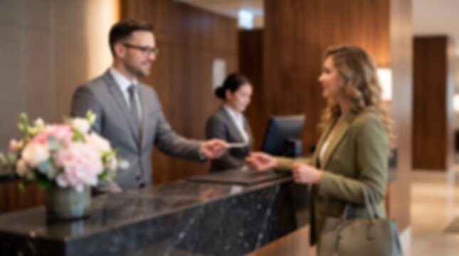 Professional hotel clerk checking in guest at marble reception desk with floral arrangement and wooden wall backdrop in luxury lobby for high end hospitality business travel services