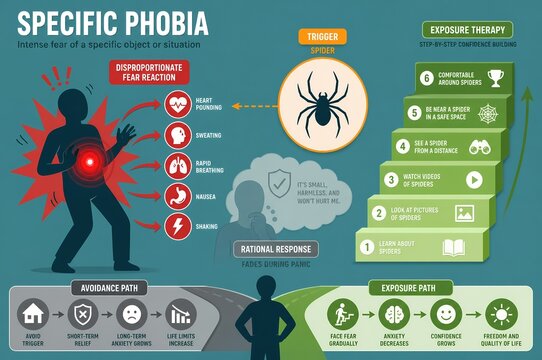 Specific phobia infographic illustration of arachnophobia spider fear and exposure therapy hierarchy