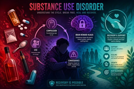 Substance use disorder infographic illustration of addiction compulsion and brain reward hijack