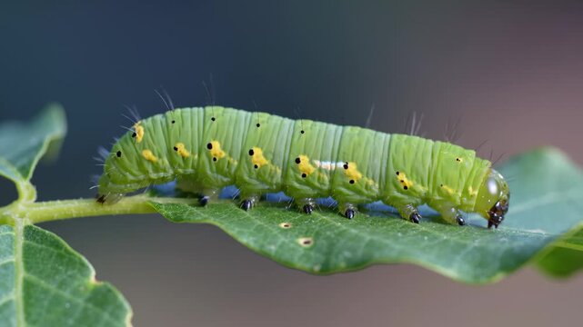 Macro Close Up of a Green Caterpillar Crawling on a Leaf in Nature