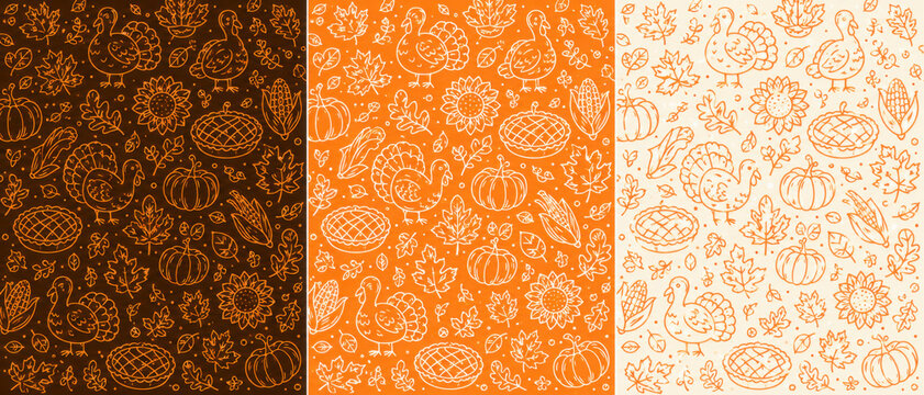 autumn and thanksgiving set of semaless patterns. Fall patterns collection with doodles for wallpaper, wrapping paper, scrapbooking, backgrounds, packaging, textile prints, etc.