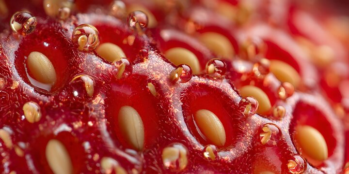 A closeup macro shot of a ripe red strawberry displaying its textured skin and embedded yellow seeds covered in glistening water droplets.