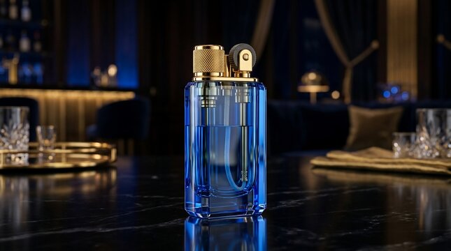 Elegant blue lighter with gold accents on dark reflective surface