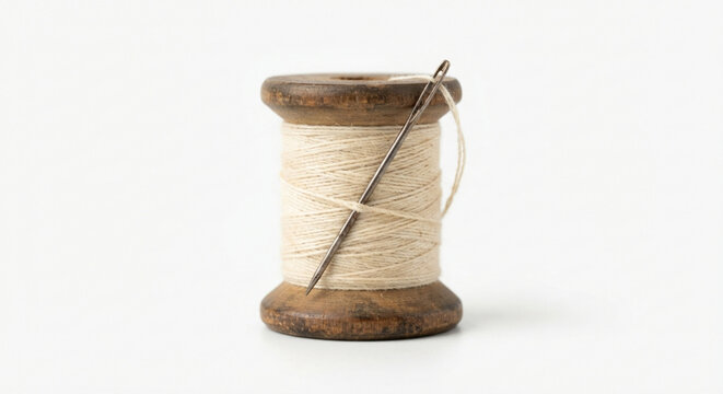 Antique wooden spool of cream thread with metal needle, isolated on transparent background
