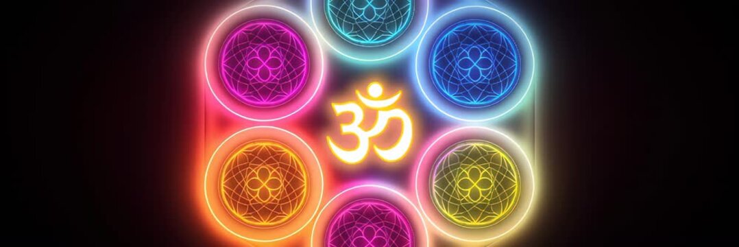 Glowing Om symbol surrounded by colorful chakra circles, spiritual energy concept for meditation website banner