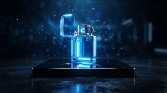 Futuristic lighter glowing with neon blue light on display stand
