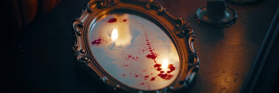 Antique mirror splattered with blood in dark candlelight, haunted horror concept for Halloween website banner