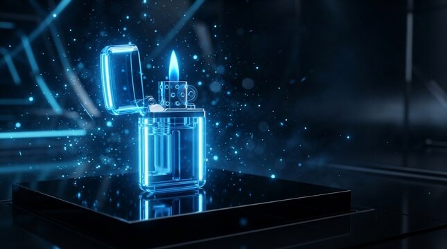 Neon blue glowing lighter igniting with sparks and particles