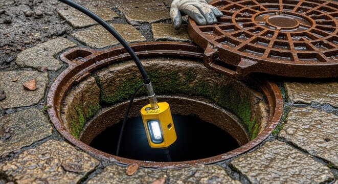 Sewer pipe inspection using specialized industrial video camera lowered into an open manhole on a cobblestone street