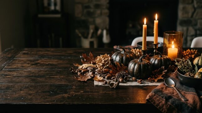Thanksgiving rustic wooden table setting with autumn leaves