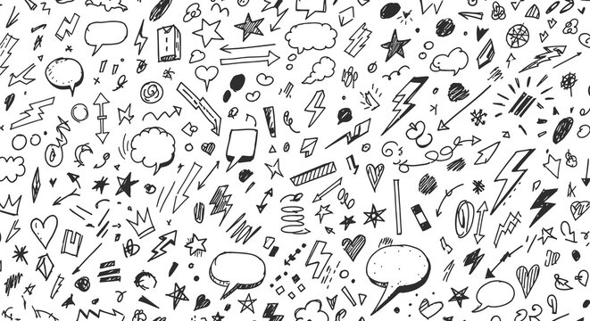 Comic lightning bolts and action speech bubbles hand drawn doodle pattern