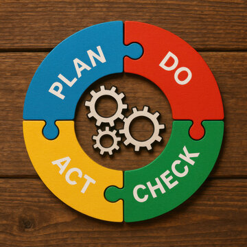 Colorful PDCA cycle puzzle with gears shows plan do check act process for business management, optimization, and strategy on wooden desk background for effective execution