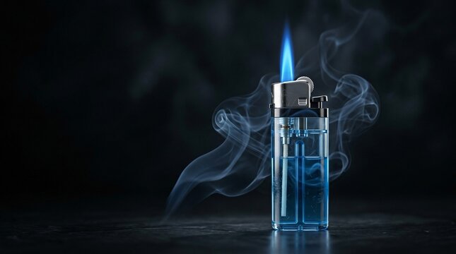 Transparent lighter igniting with blue flame and smoke on dark background