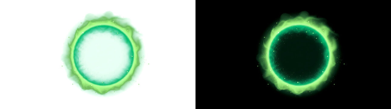 Green magic fire portal ring circular flame energy effect with sparkling particles design perfect for game assets available in PNG, Transparent and Black Background Versions