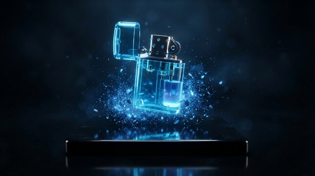 Transparent lighter with glowing blue particles and spark effect