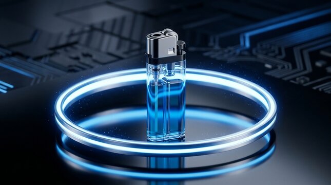 Transparent lighter with blue light ring and circuit board background