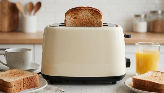 White toaster kitchen countertop has slices bread top other there glass orange juice next plates slice cup cof