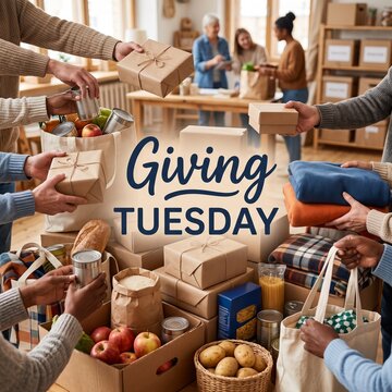 Giving tuesday charitable volunteer work gathering donations for community support effort.